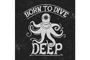 Vintage label with octopus-diver