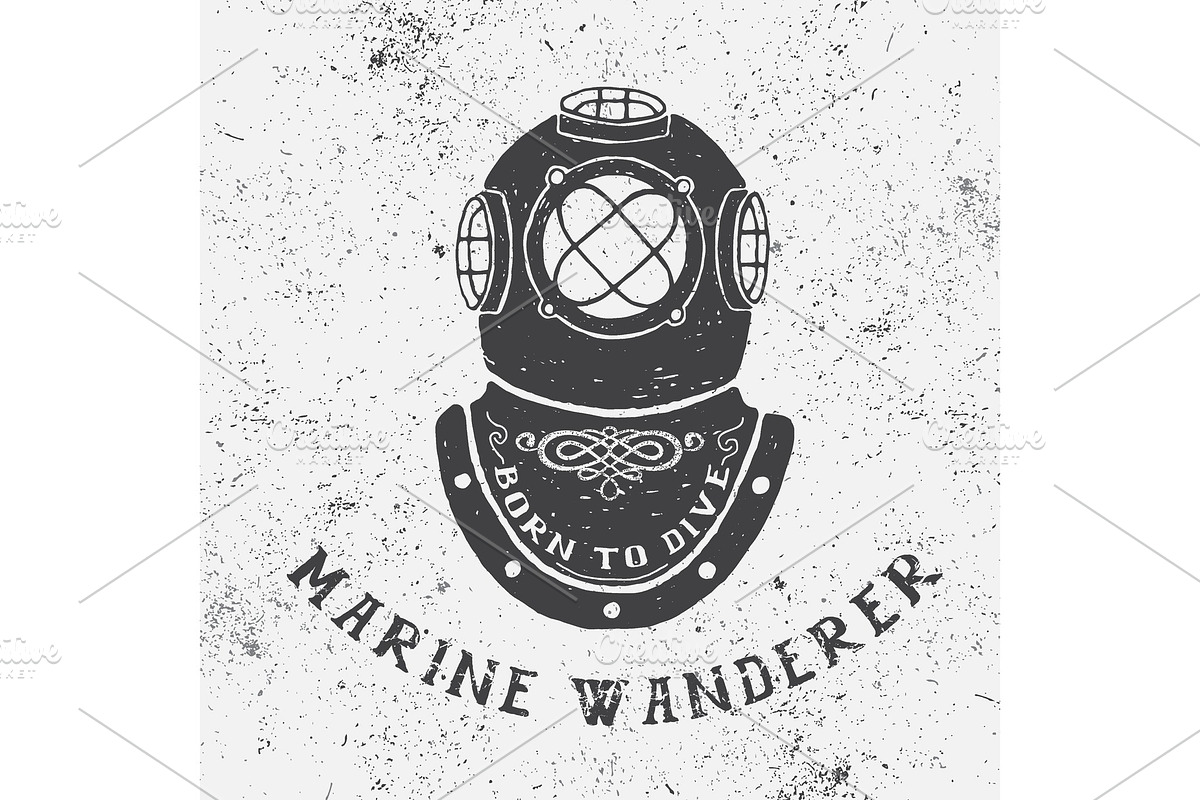 Vintage label with diving helmet in Illustrations - product preview 8