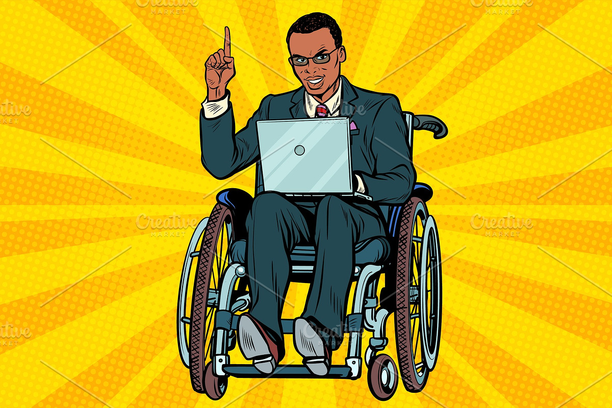 African businessman in wheelchair with laptop in Illustrations - product preview 8