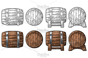Wooden barrel front and side view. 