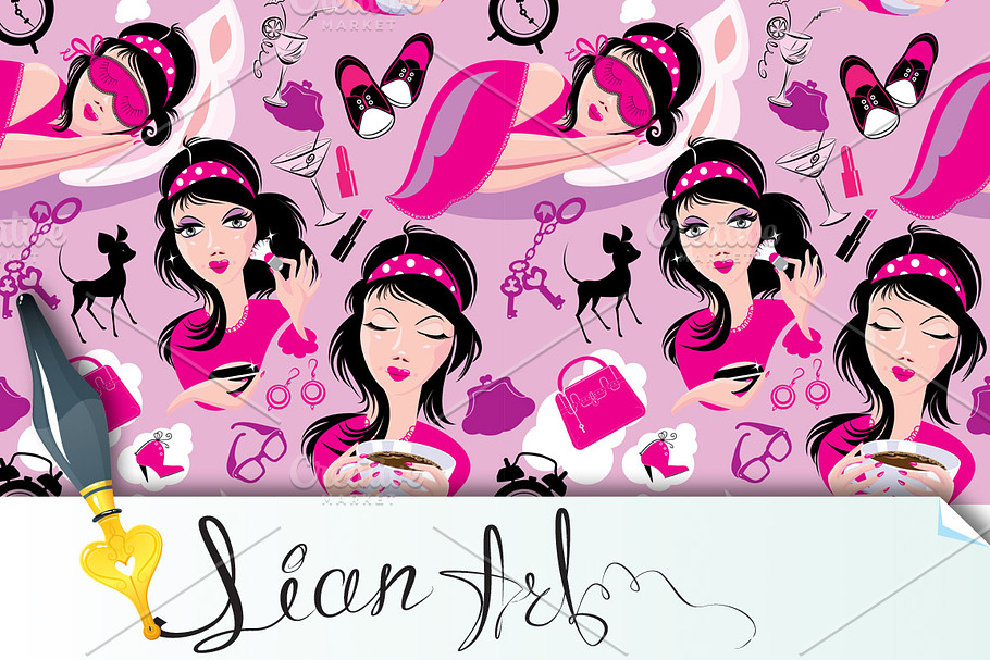 Seamless pattern with glamor girl in Patterns - product preview 8