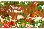 Christmas dinner banner with winter holiday dishes