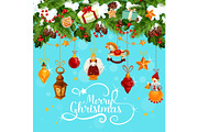 Christmas card with festive garland and Santa gift