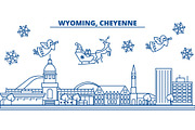 USA, Wyoming , Cheyenne winter city skyline. Merry Christmas and Happy New Year decorated banner. Winter greeting card with snow and Santa Claus. Flat, line vector. Linear christmas illustration