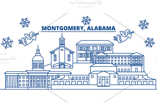USA, Alabama, Montgomery winter city skyline. Merry Christmas and Happy New Year decorated banner. Winter greeting card with snow and Santa Claus. Flat, line vector. Linear christmas illustration