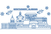 USA, Alabama, Montgomery winter city skyline. Merry Christmas and Happy New Year decorated banner. Winter greeting card with snow and Santa Claus. Flat, line vector. Linear christmas illustration