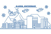 USA, Alaska, Anchorage winter city skyline. Merry Christmas and Happy New Year decorated banner. Winter greeting card with snow and Santa Claus. Flat, line vector. Linear christmas illustration