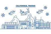 USA, Arizona, Fresno winter city skyline. Merry Christmas and Happy New Year decorated banner. Winter greeting card with snow and Santa Claus. Flat, line vector. Linear christmas illustration