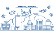 USA, Arizona, Phoenix winter city skyline. Merry Christmas and Happy New Year decorated banner. Winter greeting card with snow and Santa Claus. Flat, line vector. Linear christmas illustration