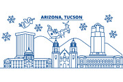 USA, Arizona, Tucson winter city skyline. Merry Christmas and Happy New Year decorated banner. Winter greeting card with snow and Santa Claus. Flat, line vector. Linear christmas illustration