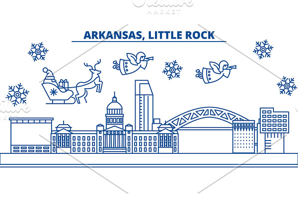 USA, Arkansas, Little Rock winter city skyline. Merry Christmas and Happy New Year decorated banner. Winter greeting card with snow and Santa Claus. Flat, line vector. Linear christmas illustration