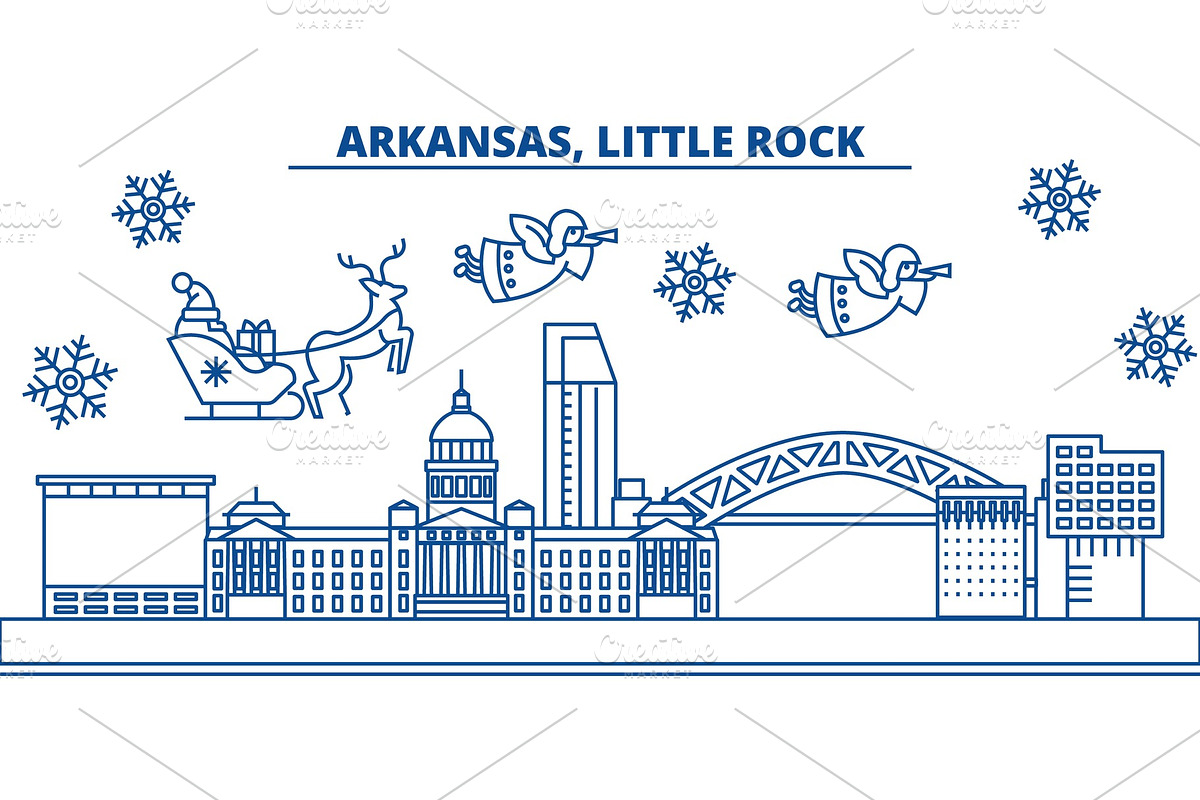 USA, Arkansas, Little Rock winter city skyline. Merry Christmas and Happy New Year decorated banner. Winter greeting card with snow and Santa Claus. Flat, line vector. Linear christmas illustration in Illustrations - product preview 8