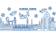 USA, Florida, Tampa winter city skyline. Merry Christmas and Happy New Year decorated banner. Winter greeting card with snow and Santa Claus. Flat, line vector. Linear christmas illustration