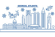 USA, Georgia , Atlanta winter city skyline. Merry Christmas and Happy New Year decorated banner. Winter greeting card with snow and Santa Claus. Flat, line vector. Linear christmas illustration