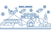 USA, Hawaii, Maui winter city skyline. Merry Christmas and Happy New Year decorated banner. Winter greeting card with snow and Santa Claus. Flat, line vector. Linear christmas illustration