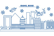 USA, Idaho , Boise winter city skyline. Merry Christmas and Happy New Year decorated banner. Winter greeting card with snow and Santa Claus. Flat, line vector. Linear christmas illustration