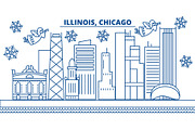 USA, Illinois , Chicago winter city skyline. Merry Christmas and Happy New Year decorated banner. Winter greeting card with snow and Santa Claus. Flat, line vector. Linear christmas illustration