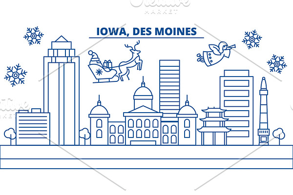 USA, Iowa , Des Moines winter city skyline. Merry Christmas and Happy New Year decorated banner. Winter greeting card with snow and Santa Claus. Flat, line vector. Linear christmas illustration