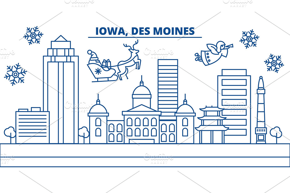 USA, Iowa , Des Moines winter city skyline. Merry Christmas and Happy New Year decorated banner. Winter greeting card with snow and Santa Claus. Flat, line vector. Linear christmas illustration in Illustrations - product preview 8