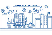 USA, Missouri , Kansas City winter city skyline. Merry Christmas and Happy New Year decorated banner. Winter greeting card with snow and Santa Claus. Flat, line vector. Linear christmas illustration