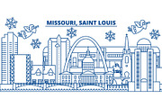 USA, Missouri, Saint Louis winter city skyline. Merry Christmas and Happy New Year decorated banner. Winter greeting card with snow and Santa Claus. Flat, line vector. Linear christmas illustration