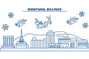 USA, Montana , Billings winter city skyline. Merry Christmas and Happy New Year decorated banner. Winter greeting card with snow and Santa Claus. Flat, line vector. Linear christmas illustration