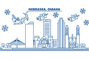 USA, Nebraska , Omaha winter city skyline. Merry Christmas and Happy New Year decorated banner. Winter greeting card with snow and Santa Claus. Flat, line vector. Linear christmas illustration
