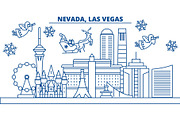 USA, Nevada , Las Vegas winter city skyline. Merry Christmas and Happy New Year decorated banner. Winter greeting card with snow and Santa Claus. Flat, line vector. Linear christmas illustration