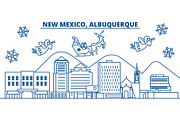 USA, New Mexico , Albuquerque winter city skyline. Merry Christmas and Happy New Year decorated banner. Winter greeting card with snow and Santa Claus. Flat, line vector. Linear christmas illustration