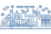 USA, New York, Bronx winter city skyline. Merry Christmas and Happy New Year decorated banner. Winter greeting card with snow and Santa Claus. Flat, line vector. Linear christmas illustration
