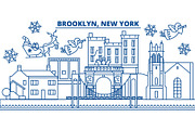 USA, New York, Brooklyn winter city skyline. Merry Christmas and Happy New Year decorated banner. Winter greeting card with snow and Santa Claus. Flat, line vector. Linear christmas illustration