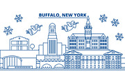 USA, New York, Buffalo winter city skyline. Merry Christmas and Happy New Year decorated banner. Winter greeting card with snow and Santa Claus. Flat, line vector. Linear christmas illustration