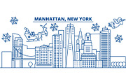 USA, New York, Manhattan winter city skyline. Merry Christmas and Happy New Year decorated banner. Winter greeting card with snow and Santa Claus. Flat, line vector. Linear christmas illustration