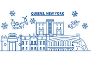 USA, New York, Queens winter city skyline. Merry Christmas and Happy New Year decorated banner. Winter greeting card with snow and Santa Claus. Flat, line vector. Linear christmas illustration