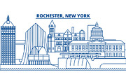 USA, New York, Rochester winter city skyline. Merry Christmas and Happy New Year decorated banner. Winter greeting card with snow and Santa Claus. Flat, line vector. Linear christmas illustration