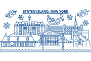 USA, New York, Staten Island winter city skyline. Merry Christmas and Happy New Year decorated banner. Winter greeting card with snow and Santa Claus. Flat, line vector. Linear christmas illustration