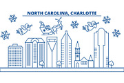 USA, North Carolina , Charlotte winter city skyline. Merry Christmas and Happy New Year decorated banner.Winter greeting card with snow and Santa Claus.Flat, line vector. Linear christmas illustration