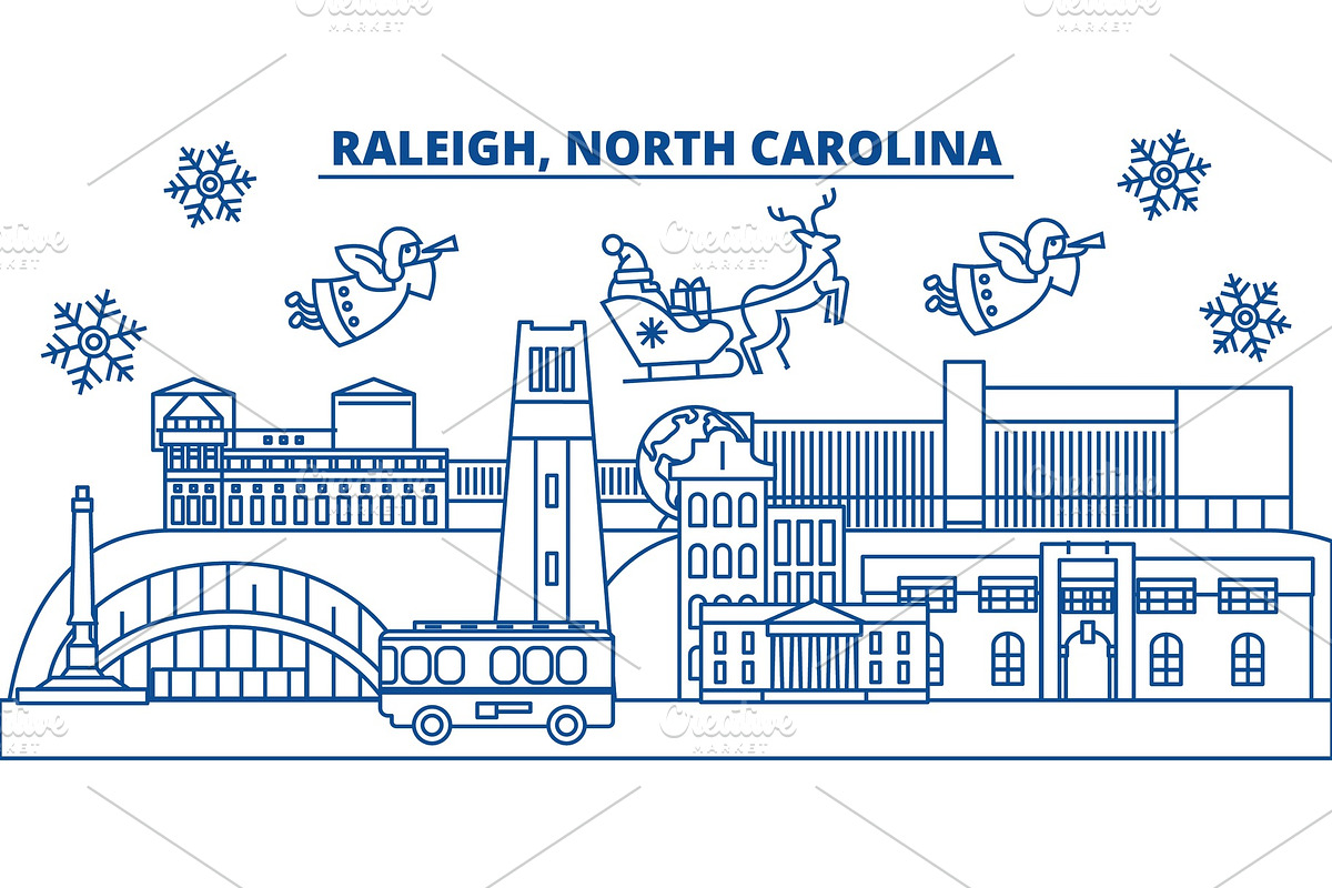 USA, North Carolina, Raleigh winter city skyline. Merry Christmas and Happy New Year decorated banner. Winter greeting card with snow and Santa Claus. Flat, line vector. Linear christmas illustration in Illustrations - product preview 8