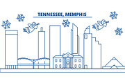 USA, Tennessee , Memphis winter city skyline. Merry Christmas and Happy New Year decorated banner. Winter greeting card with snow and Santa Claus. Flat, line vector. Linear christmas illustration