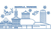 USA, Tennessee, Nashville winter city skyline. Merry Christmas and Happy New Year decorated banner. Winter greeting card with snow and Santa Claus. Flat, line vector. Linear christmas illustration