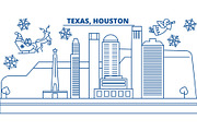 USA, Texas , Houston winter city skyline. Merry Christmas and Happy New Year decorated banner. Winter greeting card with snow and Santa Claus. Flat, line vector. Linear christmas illustration