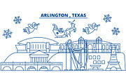 USA, Texas, Arlington winter city skyline. Merry Christmas and Happy New Year decorated banner. Winter greeting card with snow and Santa Claus. Flat, line vector. Linear christmas illustration