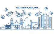 USA, Texas, San Jose winter city skyline. Merry Christmas and Happy New Year decorated banner. Winter greeting card with snow and Santa Claus. Flat, line vector. Linear christmas illustration