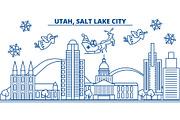 USA, Utah , Salt Lake City winter city skyline. Merry Christmas and Happy New Year decorated banner. Winter greeting card with snow and Santa Claus. Flat, line vector. Linear christmas illustration