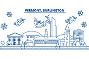 USA, Vermont , Burlington winter city skyline. Merry Christmas and Happy New Year decorated banner. Winter greeting card with snow and Santa Claus. Flat, line vector. Linear christmas illustration