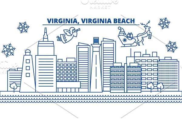 USA, Virginia , Virginia Beach winter city skyline. Merry Christmas and Happy New Year decorated banner. Winter greeting card with snow and Santa Claus.Flat, line vector. Linear christmas illustration