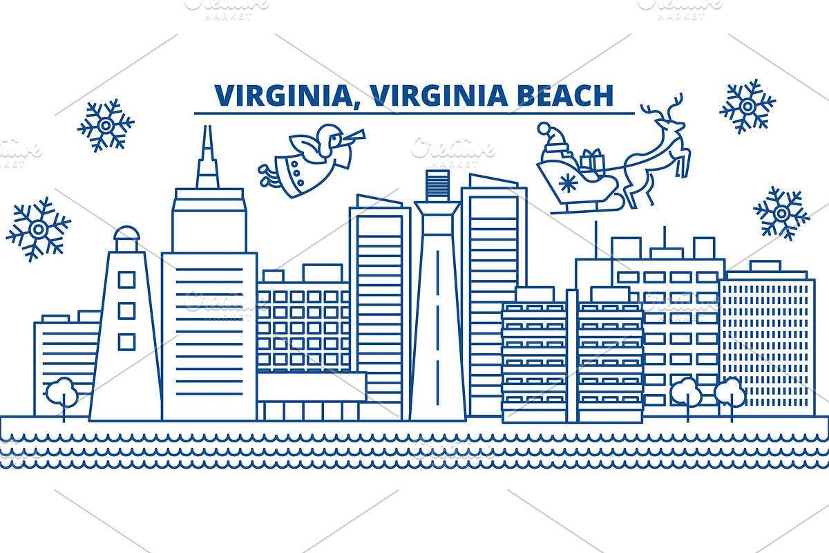 USA, Virginia , Virginia Beach winter city skyline. Merry Christmas and Happy New Year decorated banner. Winter greeting card with snow and Santa Claus.Flat, line vector. Linear christmas illustration in Illustrations - product preview 8