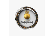 Christmas greeting illustration. Round hole, black abstract frame, with bright light golden garlands, and xmas ornaments balls