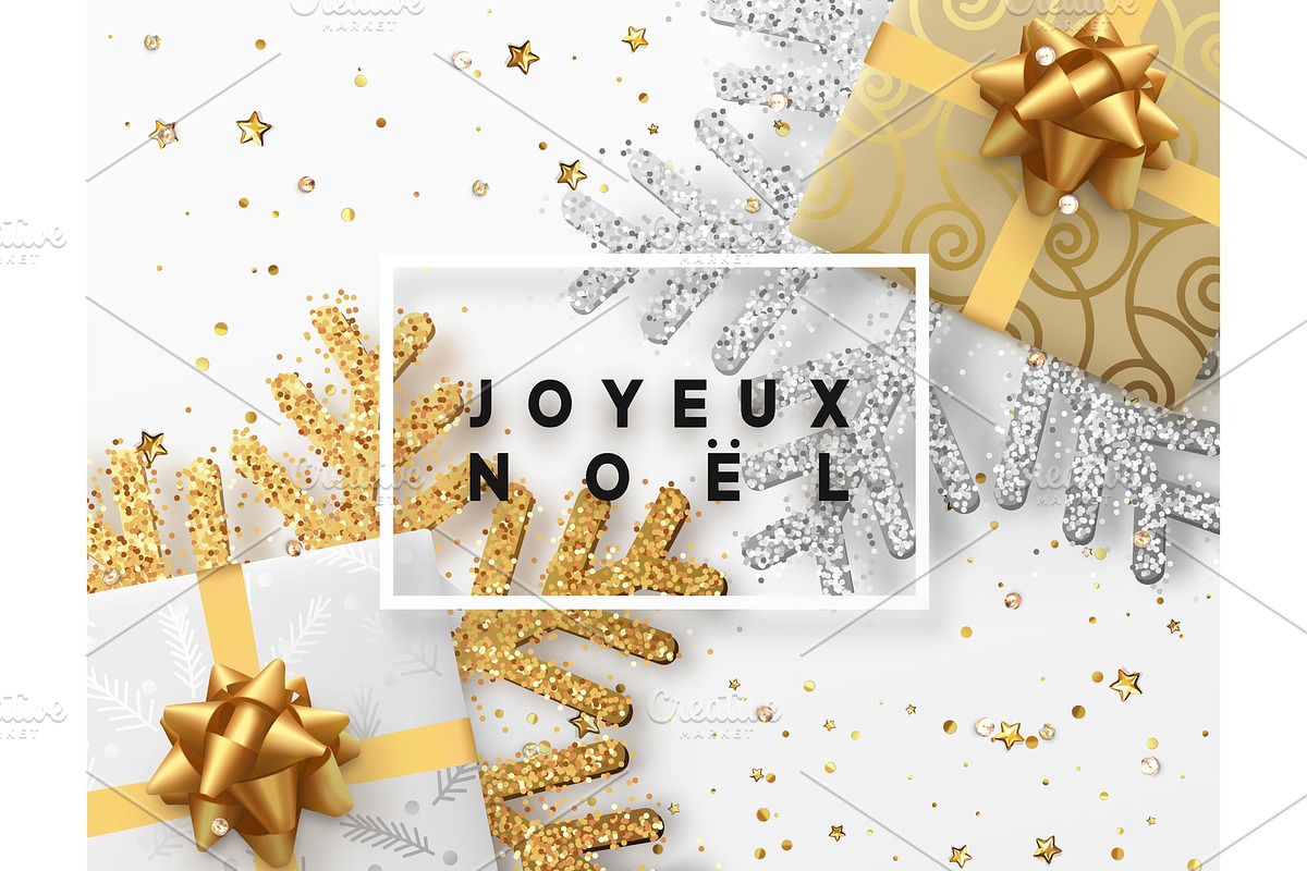 French text Joyeux Noel. Christmas background with gifts box and shining golden and silver snowflakes. in Objects - product preview 8