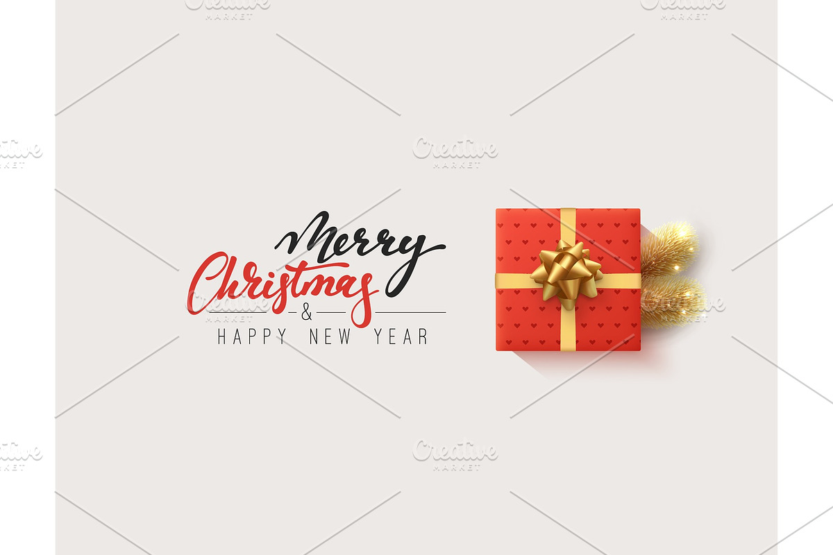 Vector illustration letttering Merry Christmas, gift box closed wrapped ribbon with bow. in Objects - product preview 8
